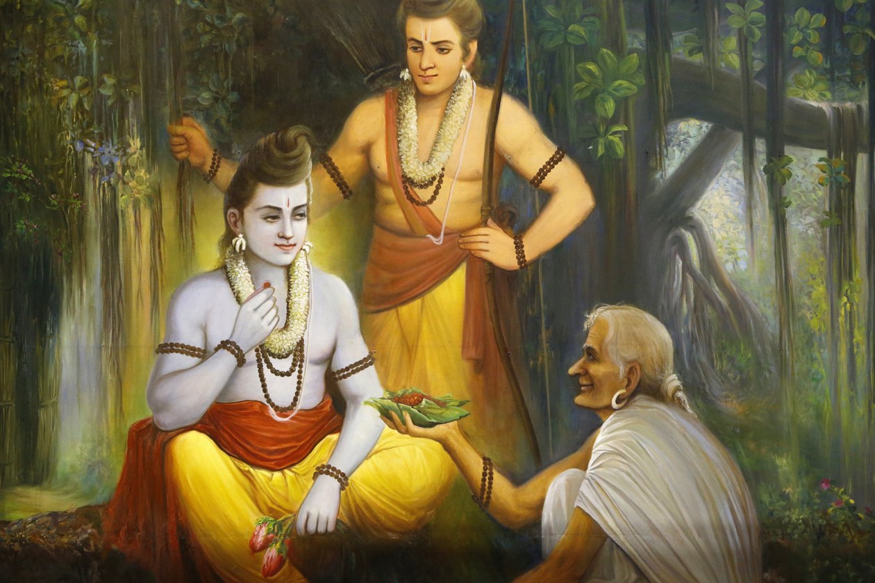 Jalaram Prathanna hindutemppeli, Leicester. Fresko. Ram Meeting Shabari Ho tarjoaa ruokaa Ramkendralle. Yhdistynyt kuningaskunta tekijältä Unbekannt