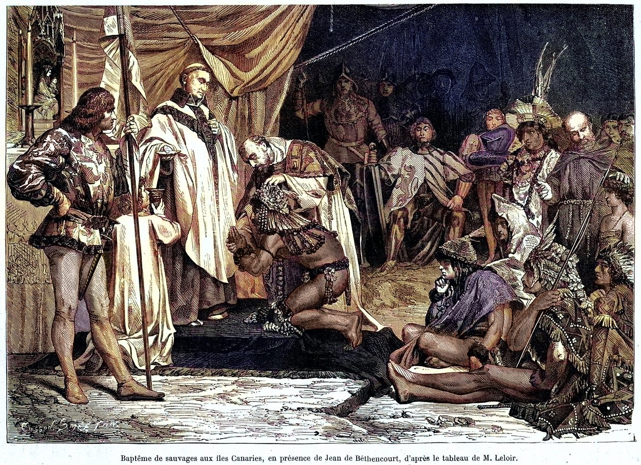 Jean de Bethencourt, Normanin herrasmies, Baron de Saint Martin le Gaillard, valloitti ja kristillistyi Kanariansaaret tammikuussa 1405 Sur terre et sur mer -lehden n:o 28, 8. tammikuuta. tekijältä Unbekannter Künstler