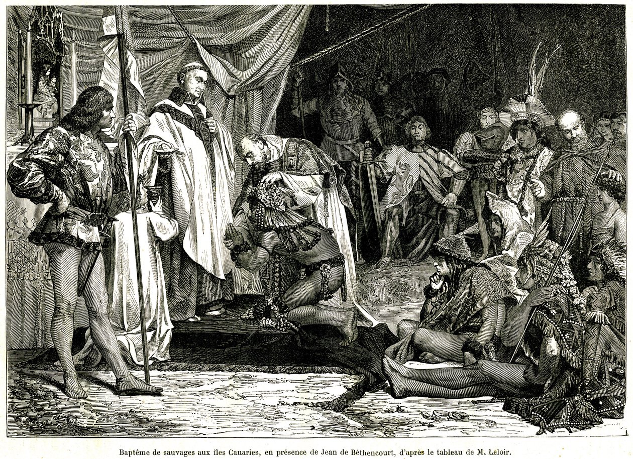 Jean de Bethencourt, Normanin herrasmies, Baron de Saint Martin le Gaillard, valloitti ja kristillistyi Kanariansaaret tammikuussa 1405 Sur terre et sur mer -lehden n:o 28, 8. tammikuuta. tekijältä Unbekannter Künstler