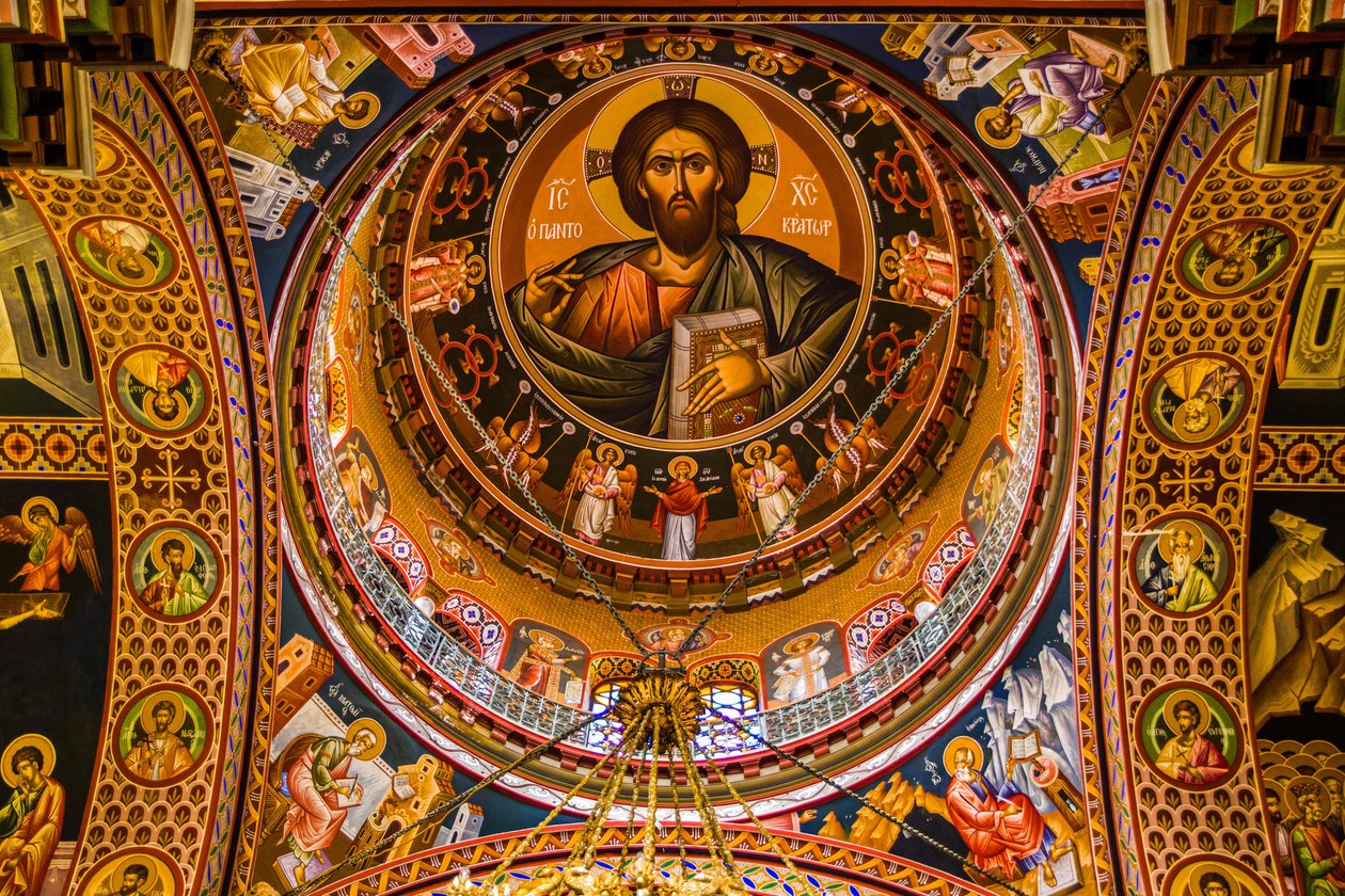 Jeesus Pantokraattorina, Bysantin Minasin katedraali värikkäillä freskoilla, Heraklion (kuva) tekijältä Unbekannter Künstler