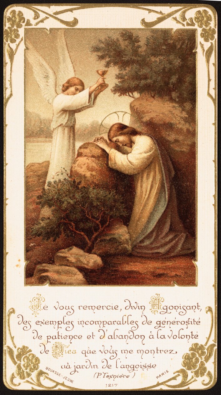 Jeesus polvistui rukoukseen Getsemanen puutarhassa, enkeli esittelee hänelle maljan. 1900-luvun alku (postikortti) tekijältä Unbekannter Künstler