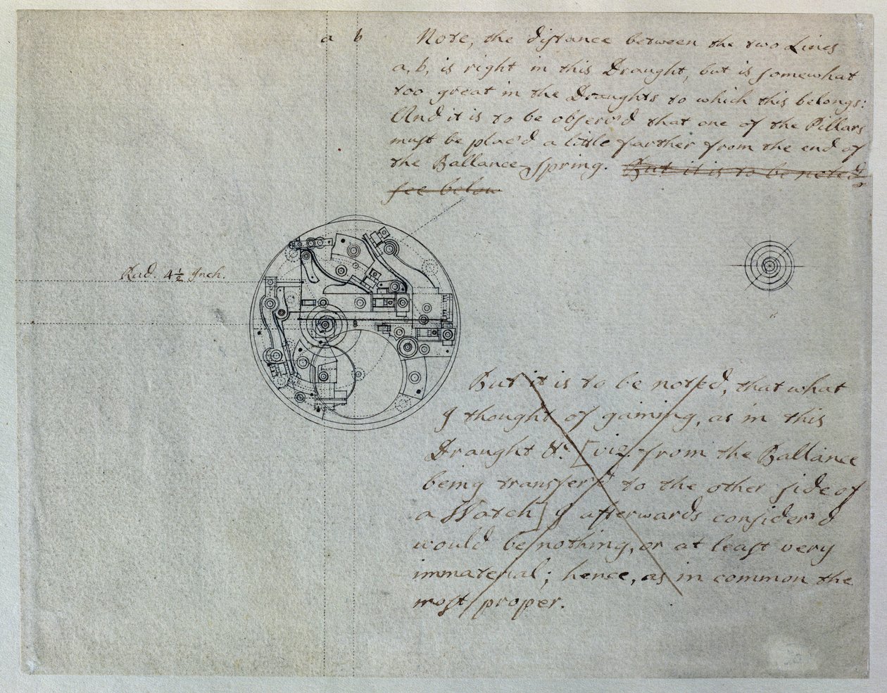 John Harrisonin suunnittelu "pienemmälle kellolle", jonka hän mainitsi pituusastelautakunnalle 19. kesäkuuta 1755 John Harrisonin (1693-1776) ja hänen poikansa Williamin (n. 1726-72) kokoamien mekaanisten muistiinpanojen ja piirustusten perusteella (kynä j tekijältä Unbekannt