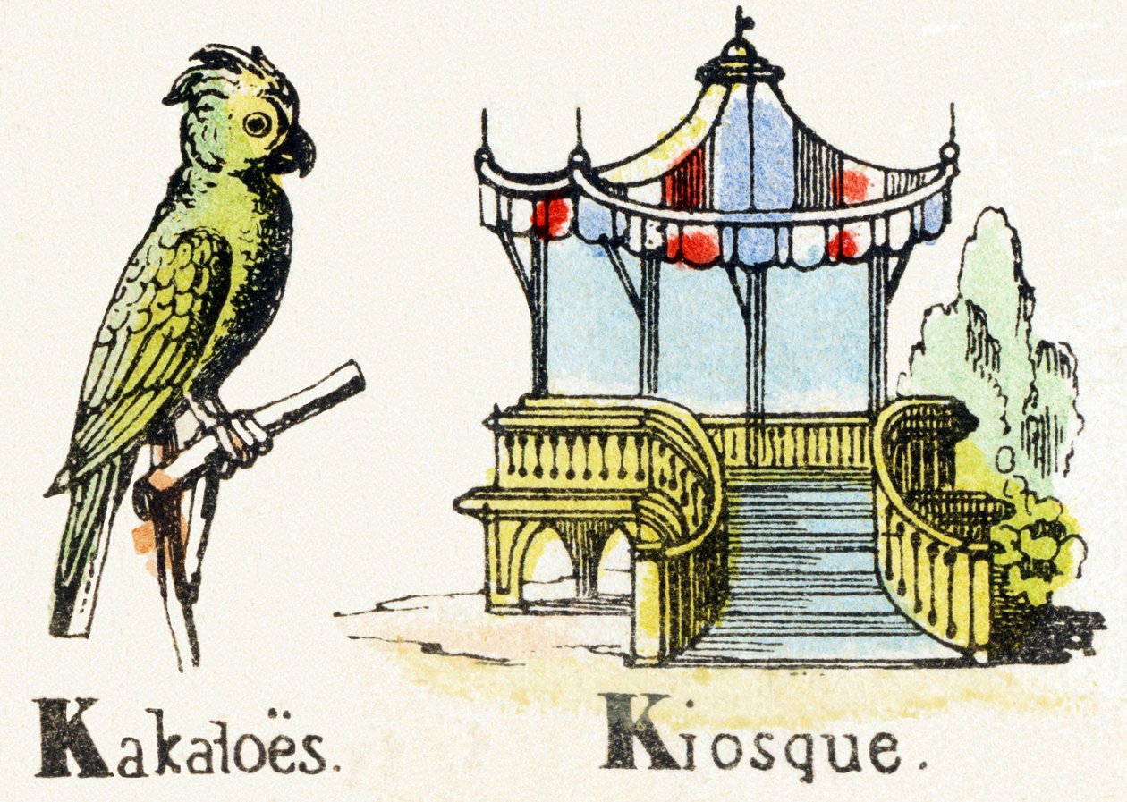 K - Kakatoes Kiosque - Child Entertainment Alphabet n.1890 (litografia) tekijältä Unbekannt