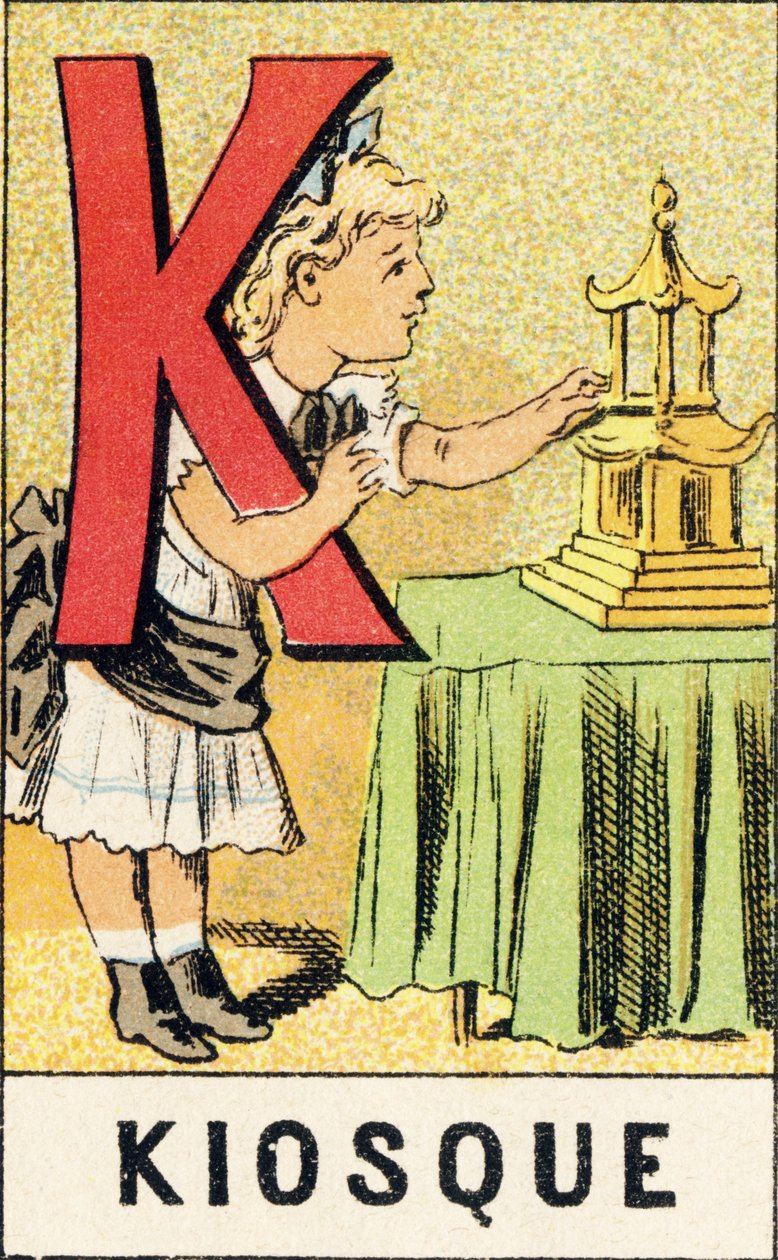 K: Kioski - ABCD:ltä otettu kaiverrus pikkutytöistä. Pellerin & Cie, kirjapaino-kustantaja, Epinal, noin 1890. Serie A. Mitat: 19 x 13,5 cm. tekijältä Unbekannt