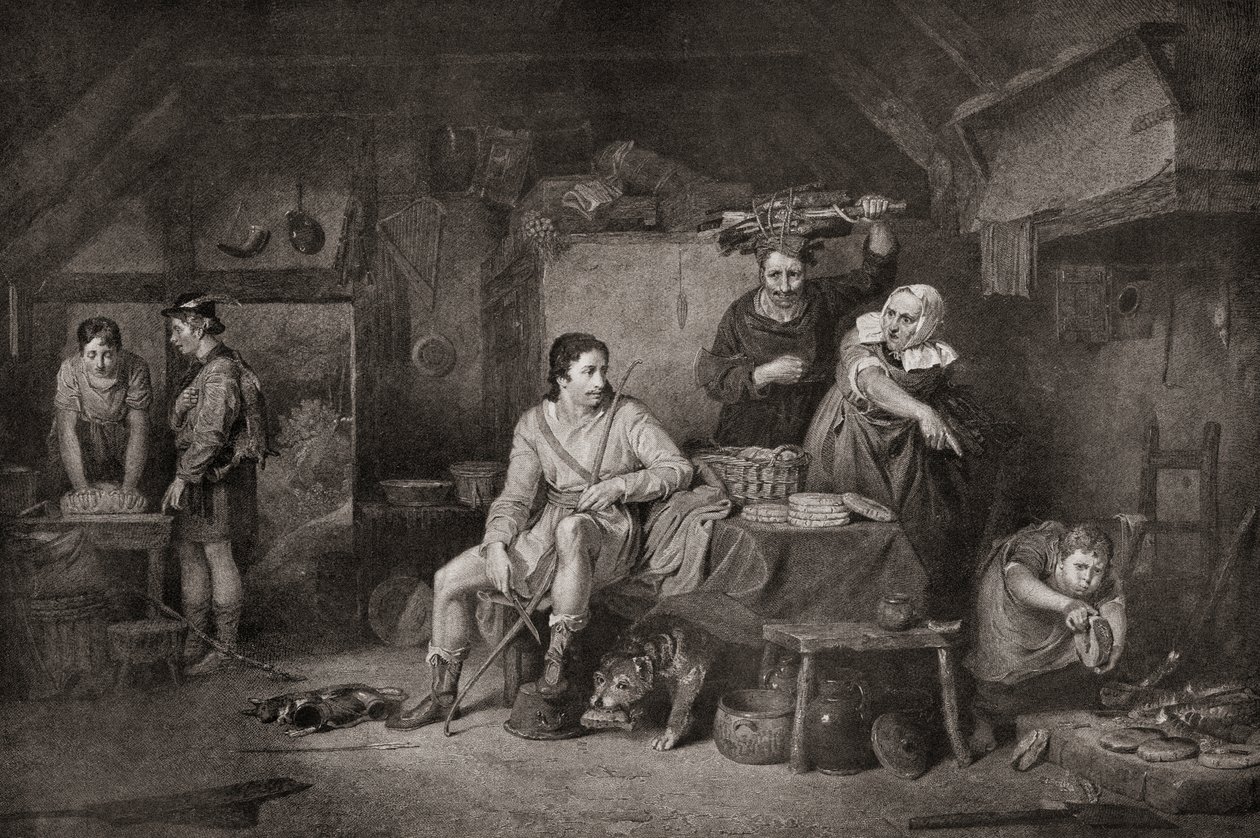 Kuningas Alfred Neatherdin mökissä. Alfred Suuri, noin 848-899. Wessexin kuningas .Taru kertoo, että kun Alfred pakeni Somersetin tasangoille, hän sai turvapaikan talonpoikaisnaiselta, joka ei tiennyt Alfredin henkilöllisyyttä ja jätti hänet katselemaan ka tekijältä Unbekannter Künstler