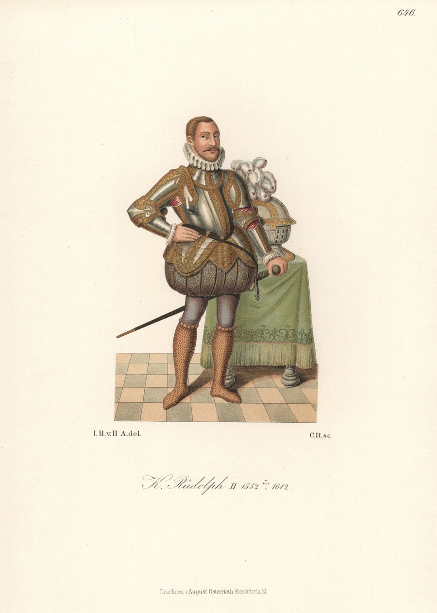 Kuningas Rudolf II, Pyhän Rooman keisari, Böömin kuningas, Itävallan arkkiherttua (1552-1612). Pitsikielekkeessä, kullalla koristellussa levyhaarniskassa, viilletyissä pehmustetuissa letkuissa ja ketjupanssarisukissa. Kromolitografia Hefner-Alteneckin teok tekijältä Unbekannter Künstler
