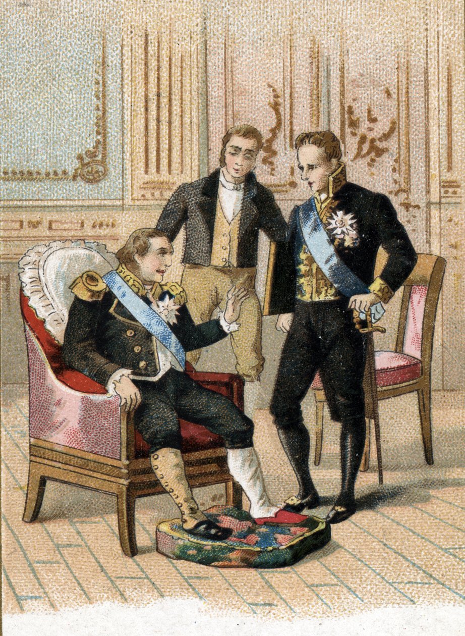 Ranskan kuningas Ludvig XVIII (1755-1824) on hyvin sairas, kun hän sanoo Joseph de Villelelle elokuussa 1824: "Kuningas voi kuolla, hän ei saa olla sairas". 1800-luku (kromolitografia) tekijältä Unbekannter Künstler