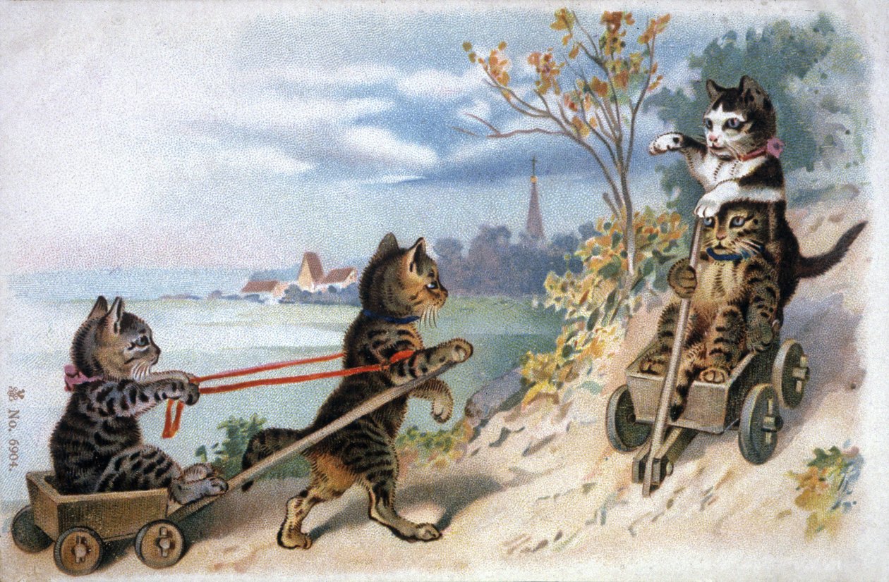 Kissanpentuja reessä, 1900-luvun alussa (postikortti) tekijältä Unbekannter Künstler