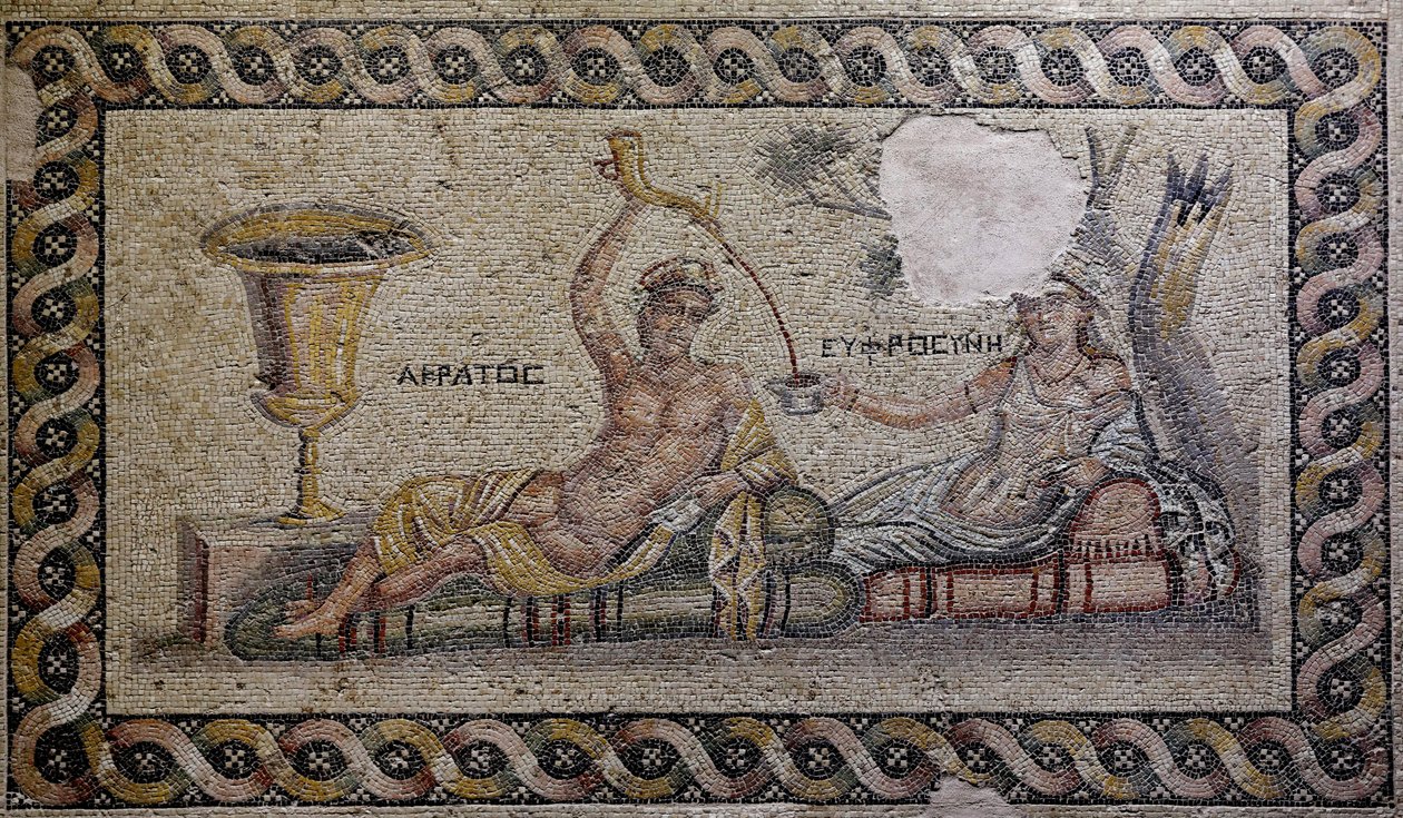 Kratos (Cratos) ja Euphrosyne (Euthymia) - Mosaic, Akratos ja Euphrosyne, Zeugma Mosaic Museum, Gaziantep, Kaakkois-Anatolian alue, Anatolia, Turkki, Aasia tekijältä Unbekannter Künstler