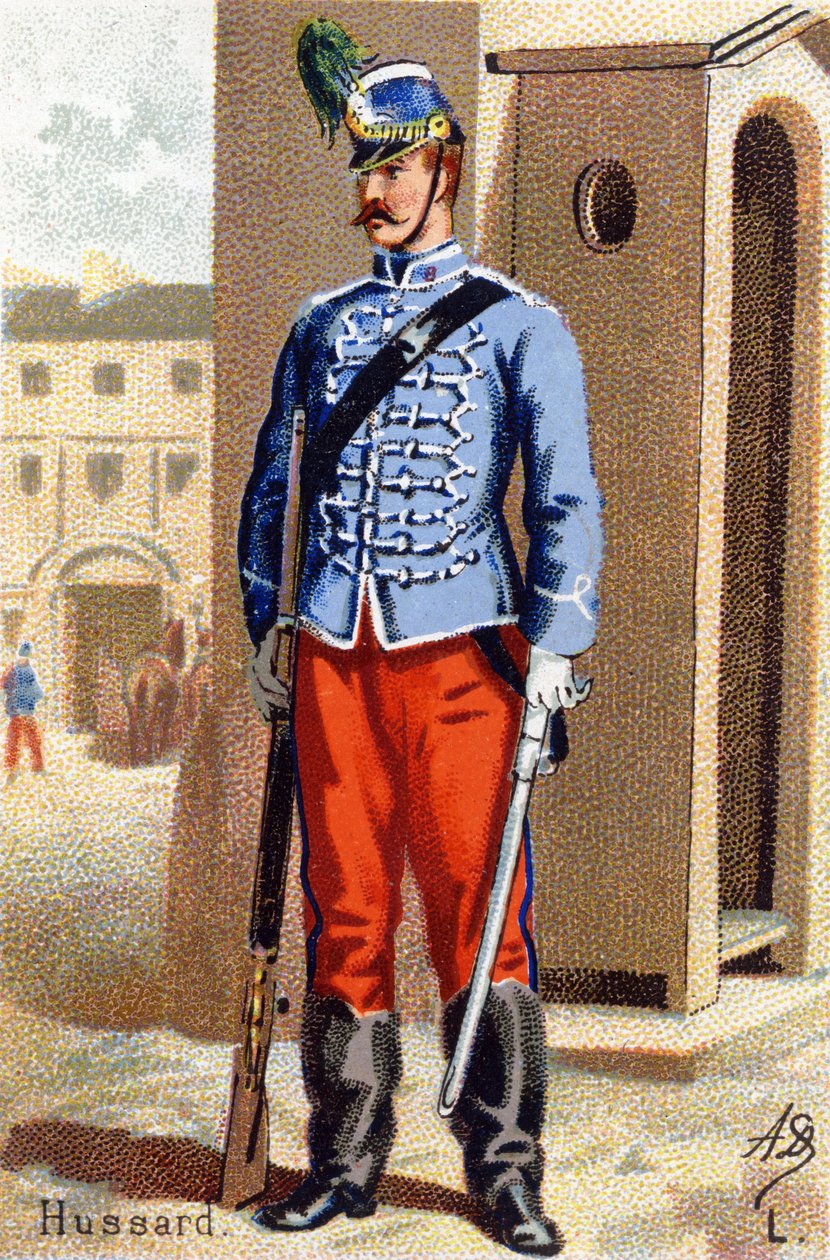 L: Hussard. Kaiverrus "Military Alphabet" -kirjaimella. Kuvittajan nimikirjaimet: A. D. Tuntematon kustantaja. Kromolitografiat 1800-luvun lopulla. Mitat: 10,5 x 7 cm. tekijältä Unbekannt