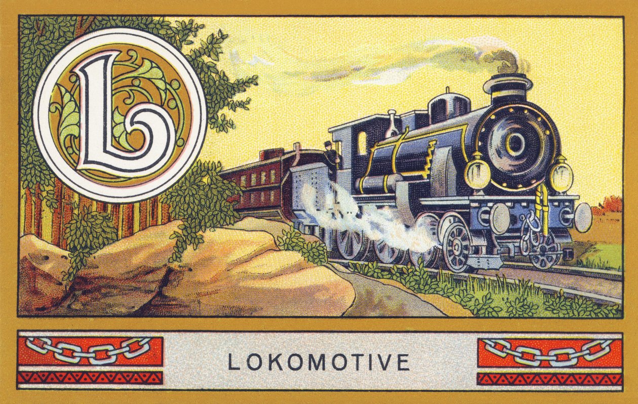 L: Veturi - Alphabet Palmin. Kromolitografioiden sarja, toimittajina H. Schlinck & Cie, Hamburg, s. d. . Mainos Palmin feinstes Cocosfettille. Mitat: 7 x 11 cm tekijältä Unbekannt