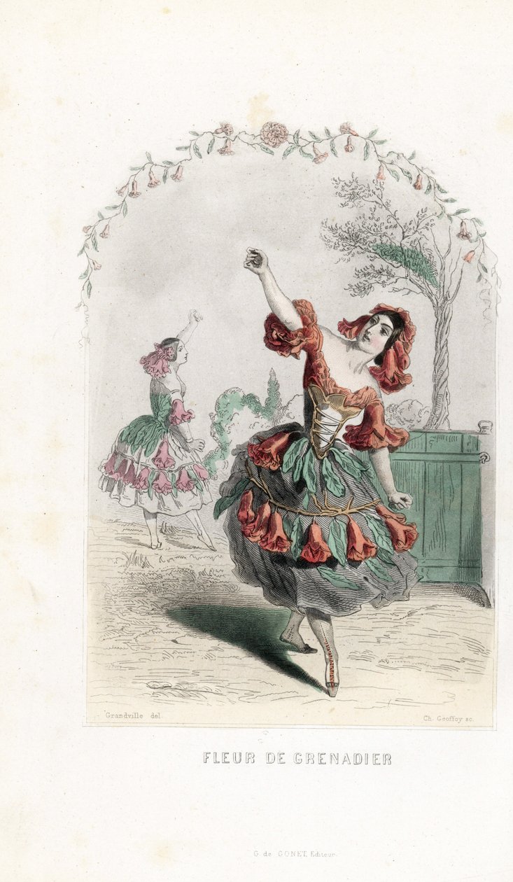 La fee de la fleur de grenade danse - Charles Geoffroyn (1819-1882) etsaus Jean Ignace Isidore Gerard dit J.J.J.J.Granvillen (1803-1847) Les fleurs animees -teokseen tekemän kuvituksen pohjalta. tekijältä Unbekannter Künstler