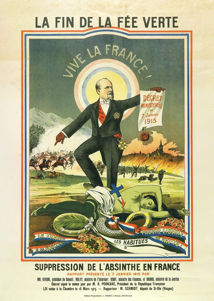 La fin de la fee verte, litografia, kun absintti kiellettiin Ranskassa vuonna 1915 tekijältä Unbekannt