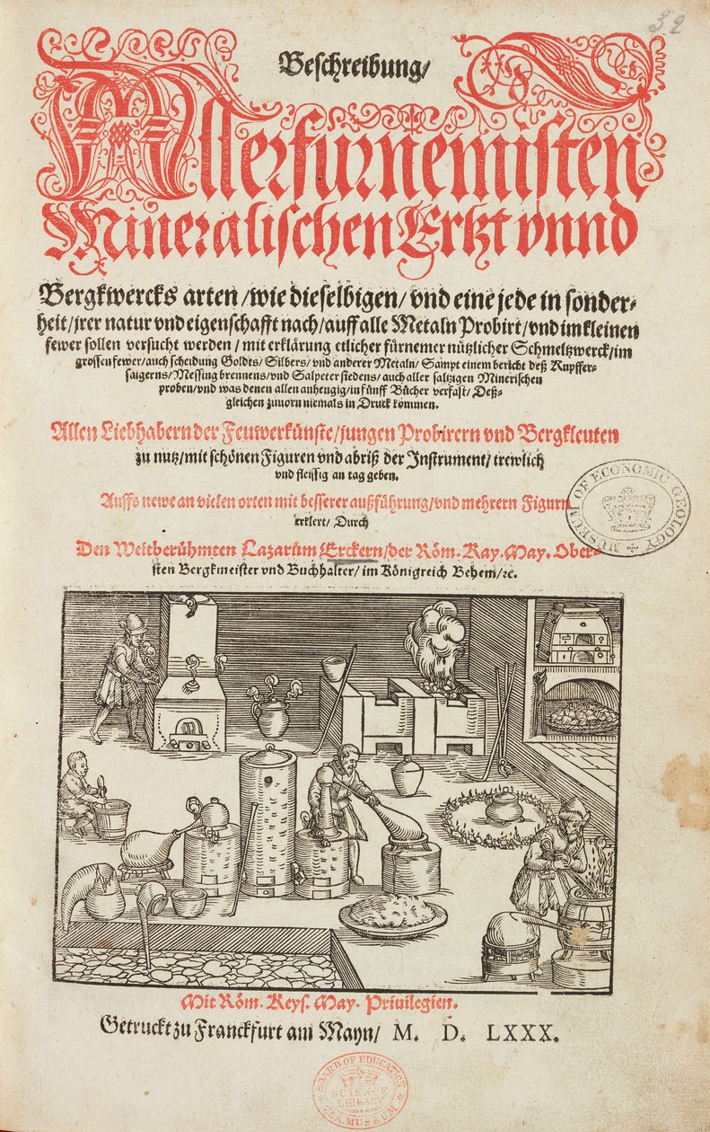 Malmianalyysilaboratorio, uuni, instrumentit ja työkalut - Nimisivu osoitteesta Kuvaus malmeista ja tärkeimmistä kaivosmenetelmistä, kirjoittanut Lazarus Ecker - Alchemy & Early Chemistry Nimisivu metallurgiaa käsittelevästä kirjasta tekijältä Unbekannt