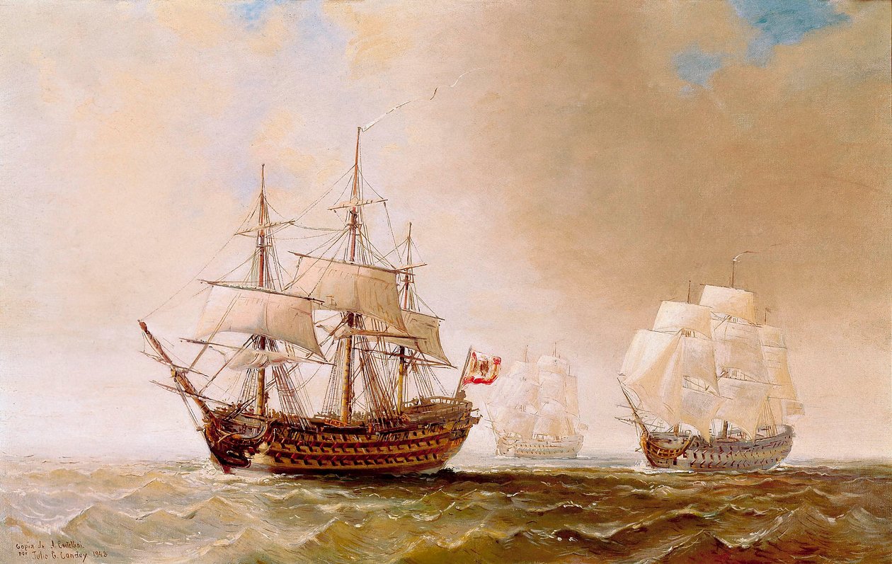 Espanjalaisalus San Hermenegildo Trafalgarin taistelussa 21.10.1805: amiraali Villeneuven johtama ranskalais-espanjalainen laivasto oli vastakkain vara-amiraali Nelsonin johtamaa brittilaivastoa vastaan. Anonyymi maalaus 1800-luvulta tekijältä Unbekannter Künstler