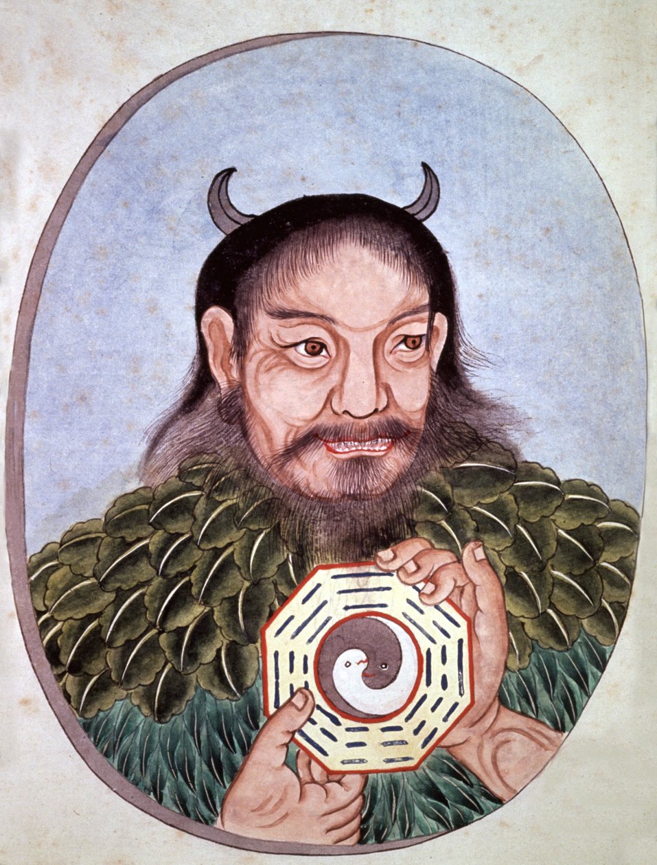 Legendaarinen kiinalainen keisari Fu Hi, yksi taolaisuuden perustajista (2582 eKr.), hänellä on Yin ja Yang -mitali, kiinalainen kaiverrus, 1700-luvun loppupuolelta. tekijältä Unbekannter Künstler