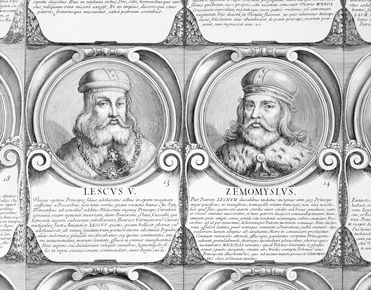 Lestko ja Siemomysl, no. 13 ja 14 puolalaisten herttuoiden ja kuninkaiden kronologisesta sarjasta (kaiverrus) tekijältä Unbekannt