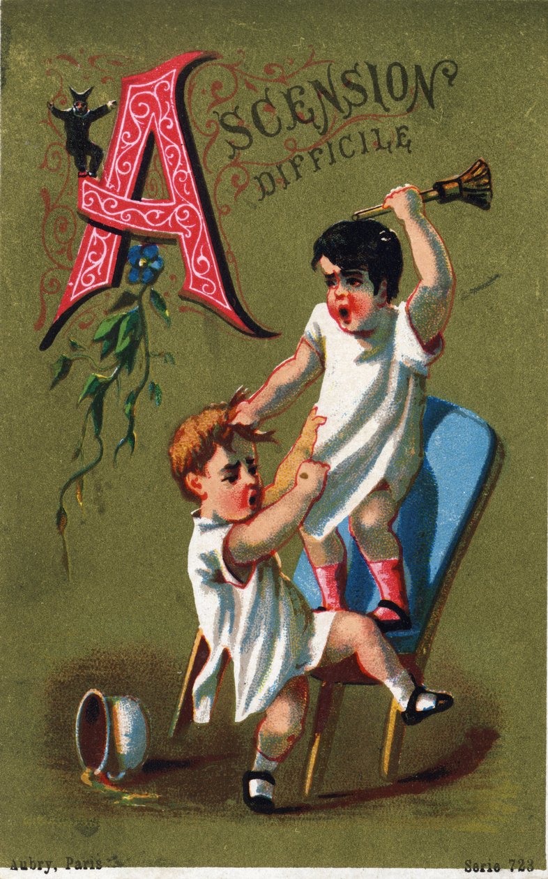 Kirjain A: Vaikea nousu. Kaiverrus kirjaimella "Alphabet des grotesques". Sarja 25 mainoskromolitografiaa dore-taustalla, 1800-luvun loppu. Mitat: 11 x 7 cm tekijältä Unbekannt