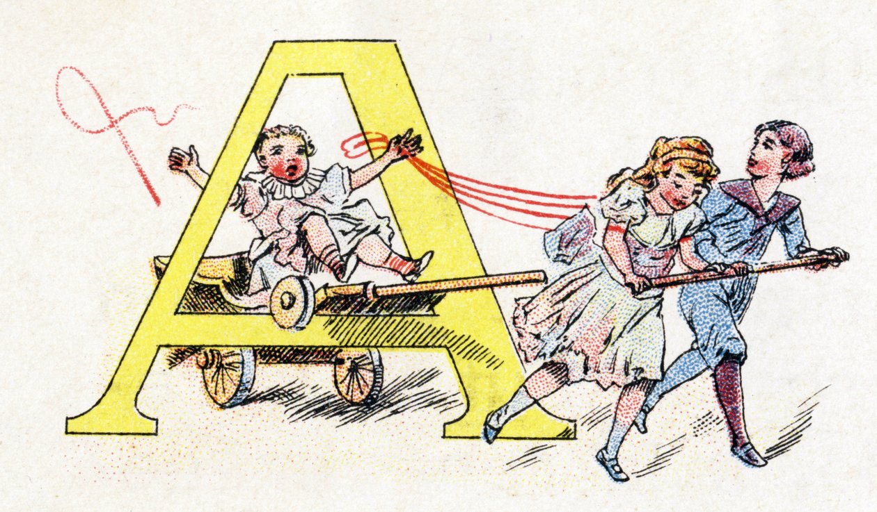 Kirjain A: Hitch Fun. Fosfatine Falieresin aakkoset. Kaiverrus. Brevete aakkoset S.G.D.G. apteekkari Pierre Emile Falieres. Kuvituksia kromolitografiassa, 1800-luvun loppu. 16 sivua. Mitat: 103x154mm tekijältä Unbekannt
