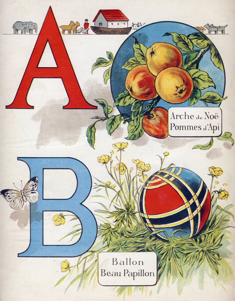 Kirjain A ja B: Noen arkki, Apy Apple, Ilmapallo ja kaunis perhonen. Kaiverrus "ABC L