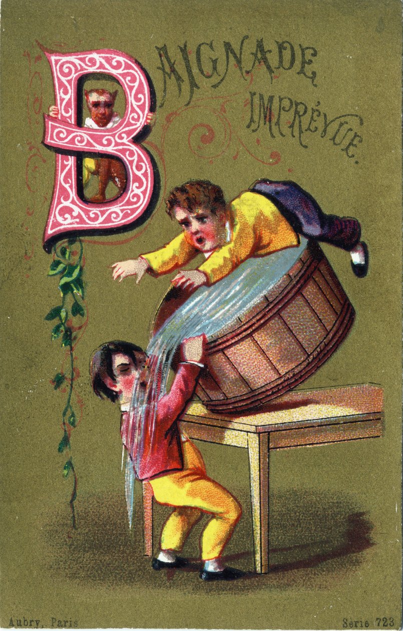 Kirjain B: Esikatselu uiminen. Kaiverrus kirjaimella "Alphabet des grotesques". Sarja 25 mainoskromolitografiaa dore-taustalla, 1800-luvun loppu. Mitat: 11 x 7 cm tekijältä Unbekannt