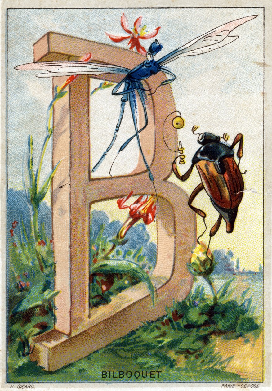 B-kirjain kuten Bilboquet. Mr. Marinierin taiteelliset aakkoset. Toimittanut Henry Sicard, 1800-luvun loppu. Kromolitografien mainostaminen apteekeissa myytäville tuotteille. Mitat: 12,5 x 9 cm tekijältä Unbekannt