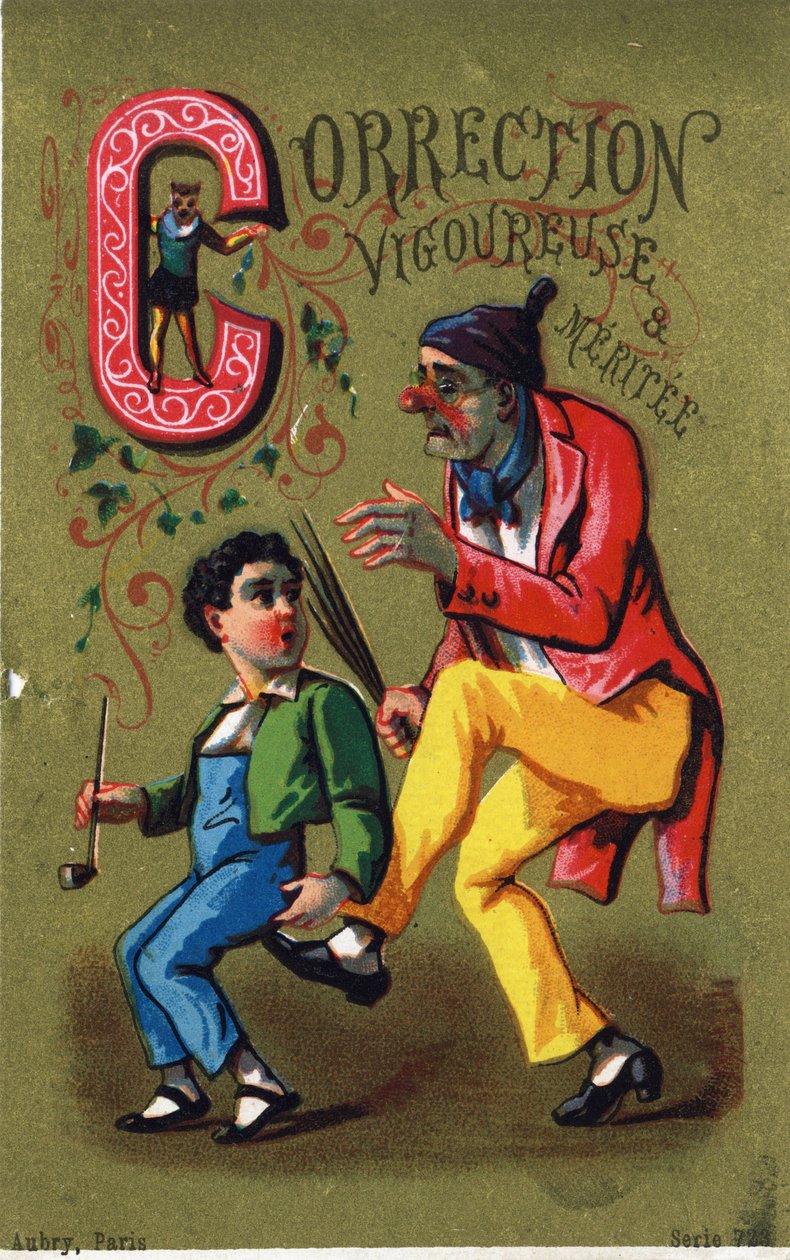 Kirjain C: Vahva ja ansioitunut korjaus. Kaiverrus kirjaimella "Alphabet des grotesques". Sarja 25 mainoskromolitografiaa dore-taustalla, 1800-luvun loppu. Mitat: 11 x 7 cm tekijältä Unbekannt