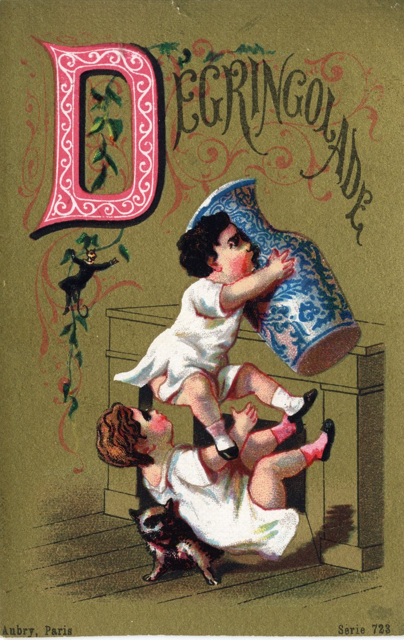 Kirjain D: Degringolade. Kaiverrus kirjaimella "Alphabet des grotesques". Sarja 25 mainoskromolitografiaa dore-taustalla, 1800-luvun loppu. Mitat: 11 x 7 cm tekijältä Unbekannt