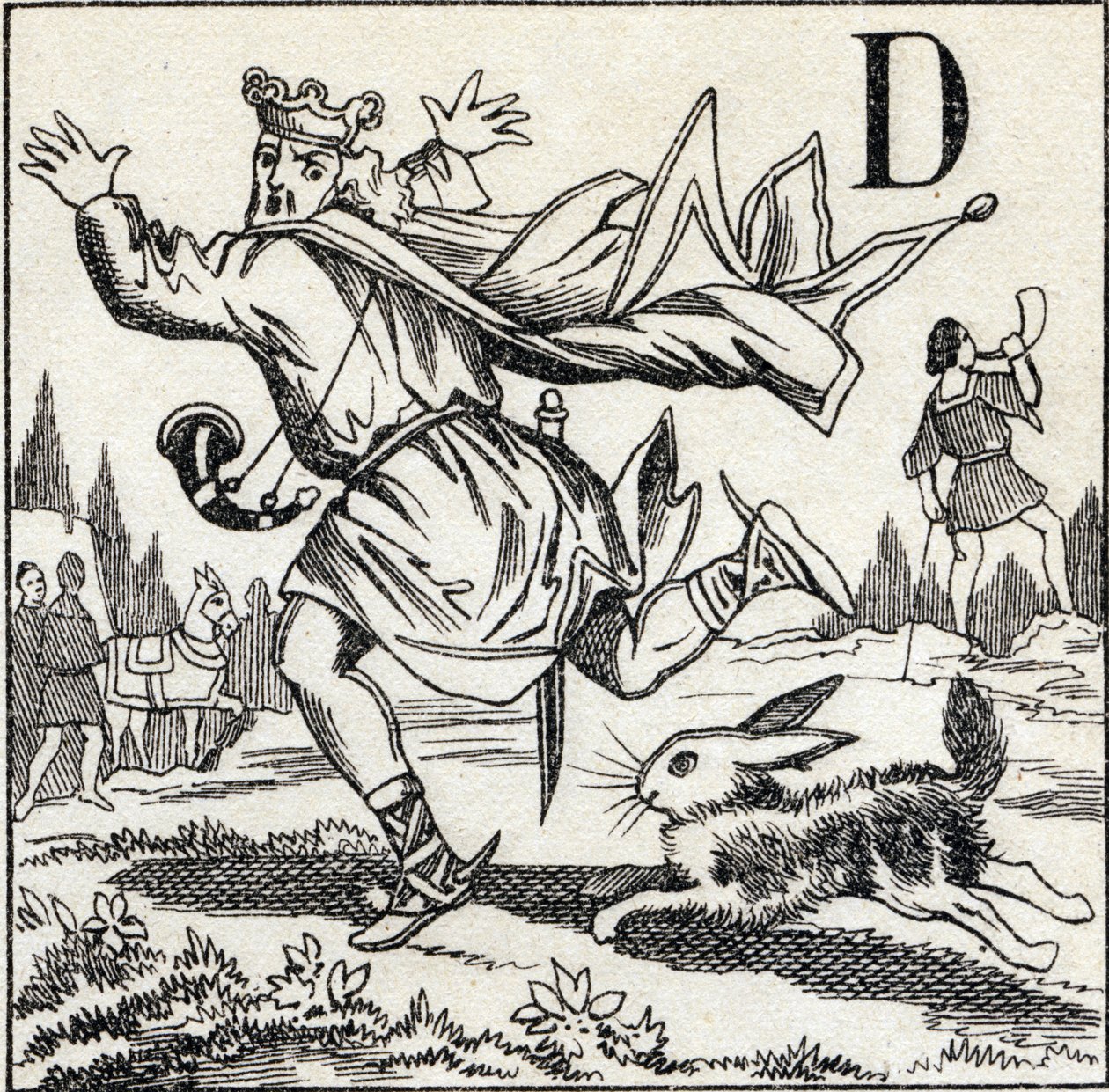 Kirje D: Kuningas Dagobert jänis takaa. Kaiverrus "ABC Les Images en Alphabetissa". Epinaalinen kuvantaminen. Pellerin ja Cie, kirjapainokustantaja, Epinal, 1800-luvun loppu, noin 1890. 10 sivua. Mitat: 19,5 x 13,5 cm tekijältä Unbekannt
