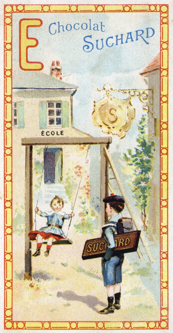 E-kirjain: koulu, lapset, escarpolette, merkki, kyltti, sisäänkäynti, tikkaat, koulupoika. Chocolat Suchardin toimittama aakkosten kaiverrus, 1900-luvun alku. 24 kromolitografiaa edustavat paikkoja, hahmoja ja esineitä, jotka löydetään th tekijältä Unbekannt