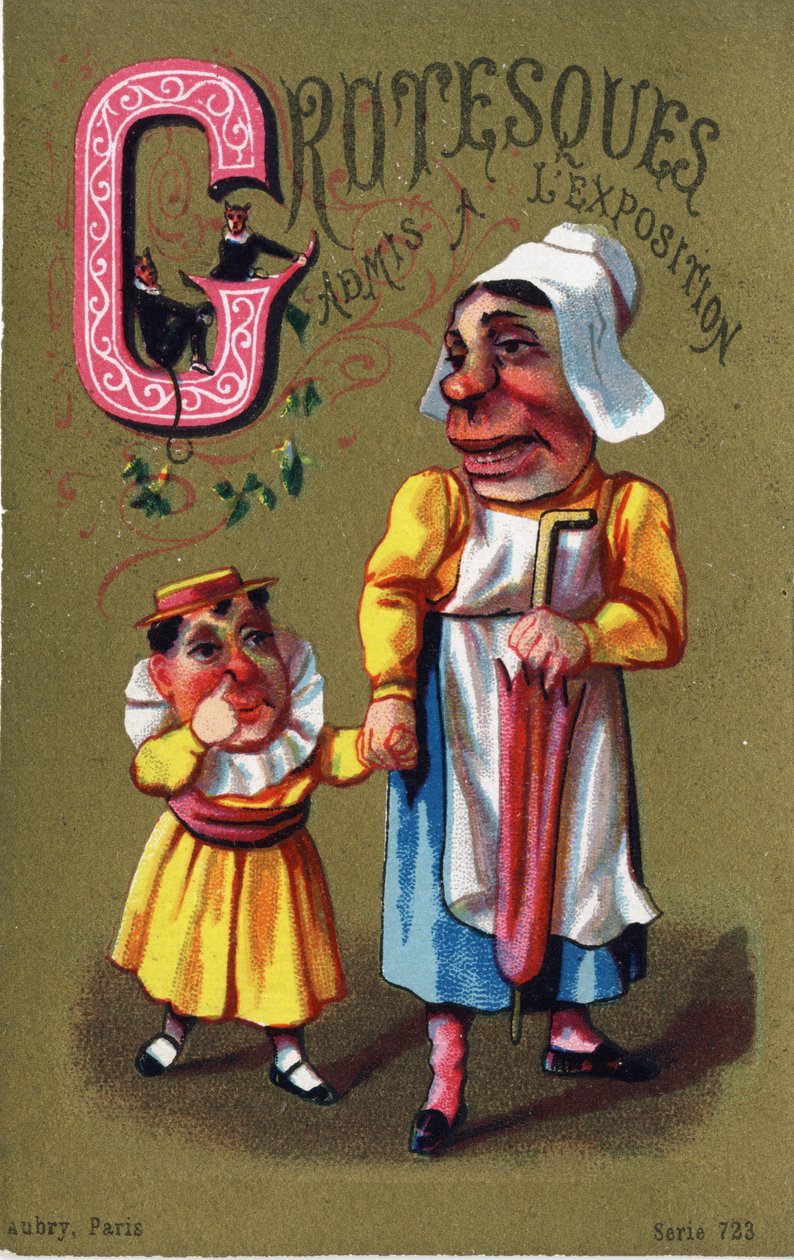 G-kirjain: Groteskeja päästettiin näyttelyyn. Kaiverrus kirjaimella "Alphabet des grotesques". Sarja 25 mainoskromolitografiaa dore-taustalla, 1800-luvun loppu. Mitat: 11 x 7 cm tekijältä Unbekannt