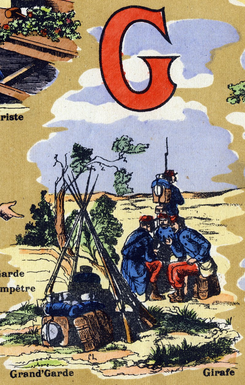 G-kirjain armeijan suurena vartijana. Iphabet havainnollistaa. Kuvat yhdistyivät Jarville-Nancyssa 1900-luvun alussa. Mitat: 40 x 29 cm. Litografia bistre-taustalla tekijältä Unbekannt