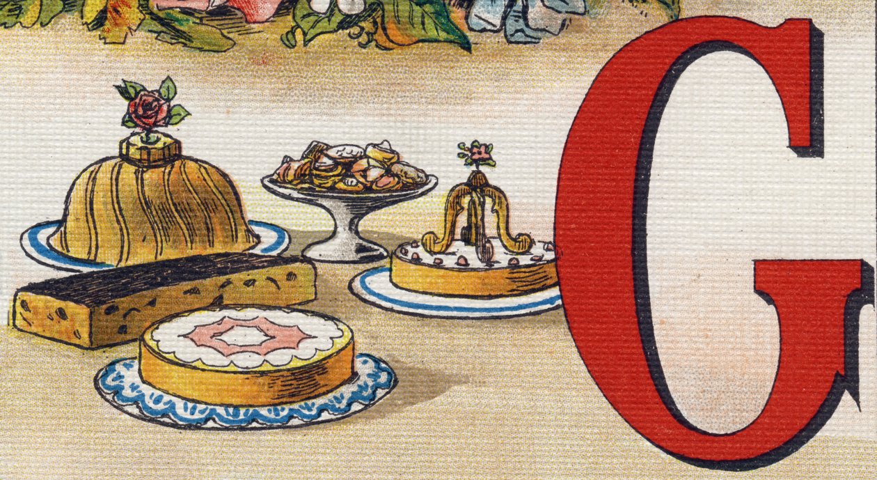Kirjain G: kakut. Kaiverrus "Alphabet de ma petite fille". Bernardin-Bechet ja Fils, kirjakauppias-kustantajat, Pariisi, noin 1895. Rikkoutumaton albumi kankaalle. Bibliotheque des Bebes. 12 sivua. Albumi, joka sisältää lukumenetelmän ja havainnollisen abe tekijältä Unbekannt