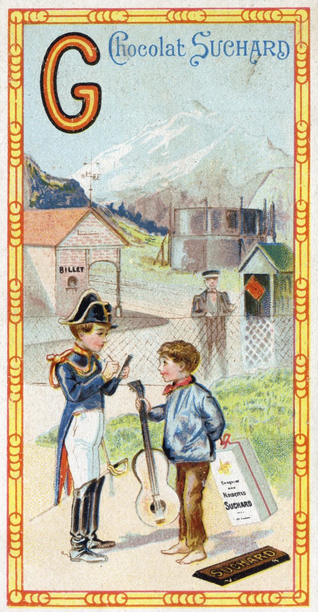 Kirjain G: jäätikkö, santarmi, kaasumittari, lapsi, asema, soturi, siipi, kitara. Chocolat Suchardin toimittama aakkosten kaiverrus, 1900-luvun alku. 24 kromolitografiaa, jotka edustavat kuvasta löydettäviä paikkoja, hahmoja ja esineitä tekijältä Unbekannt