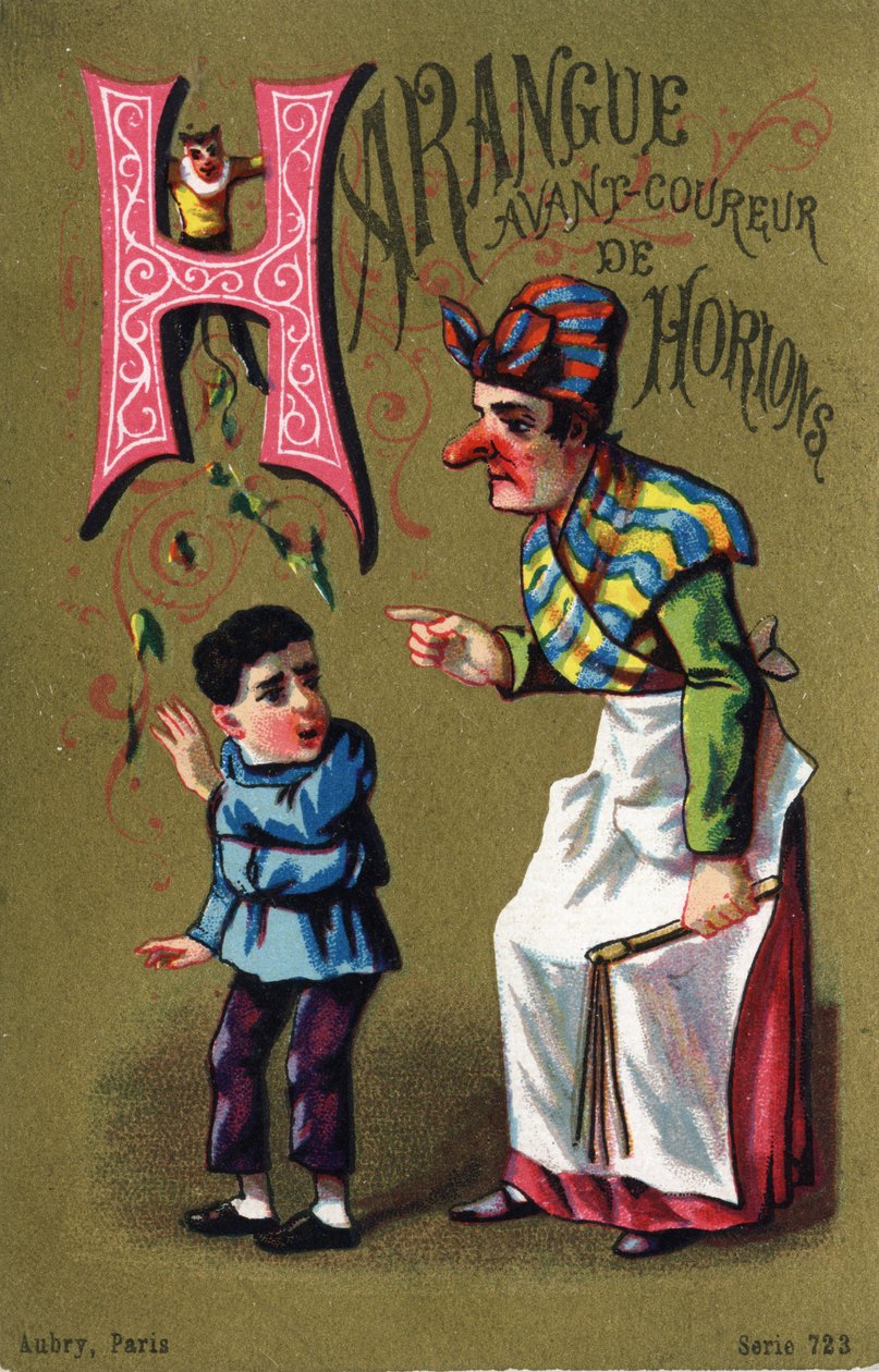 Kirjain H: Harangue ennen horion juoksijaa. Kaiverrus kirjaimella "Alphabet des grotesques". Sarja 25 mainoskromolitografiaa dore-taustalla, 1800-luvun loppu. Mitat: 11 x 7 cm tekijältä Unbekannt