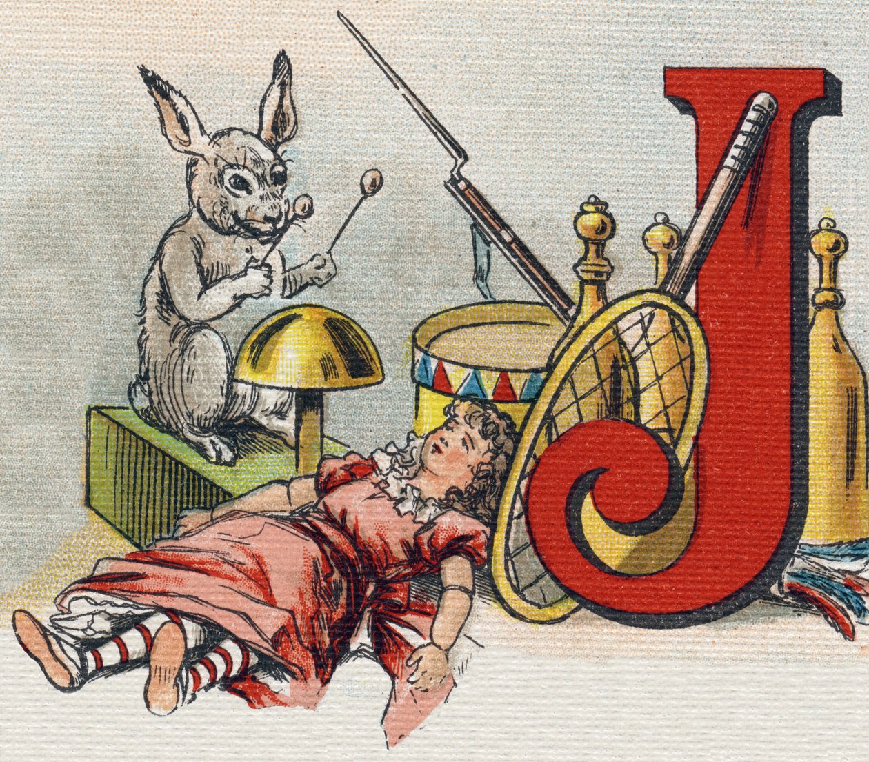 J-kirjain: lelut. Kaiverrus "Alphabet de ma petite fille". Bernardin-Bechet ja Fils, kirjakauppias-kustantajat, Pariisi, noin 1895. Rikkoutumaton albumi kankaalle. Bibliotheque des Bebes. 12 sivua. Albumi, joka sisältää lukumenetelmän ja havainnollisen abe tekijältä Unbekannt