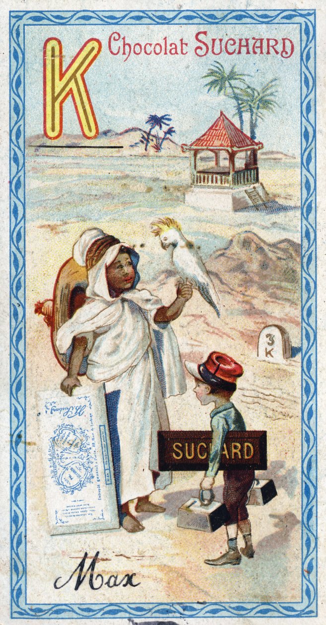 K-kirjain: kabyle, kepi, kilo, kakatoes, kioski, kilometri. Chocolat Suchardin toimittama aakkosten kaiverrus, 1900-luvun alku. 24 kromolitografiaa, jotka edustavat kuvasta löydettäviä paikkoja, hahmoja ja esineitä. Mitat: 105x55mm tekijältä Unbekannt