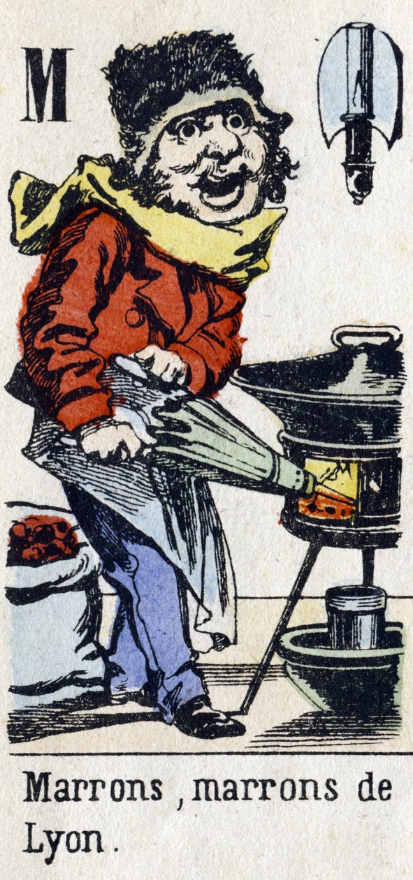 M-kirjain: "Brown, Brown of Lyon". Aakkoset "Lasten hauskaa". Kuvaus Epinalista, noin 1890. Suosittu sarja. Pieni 8-sivuinen vihko. Stenciloidut puukaiverrukset, joiden aiheena ovat pienet katumetsät ja Pariisin huudot tekijältä Unbekannt