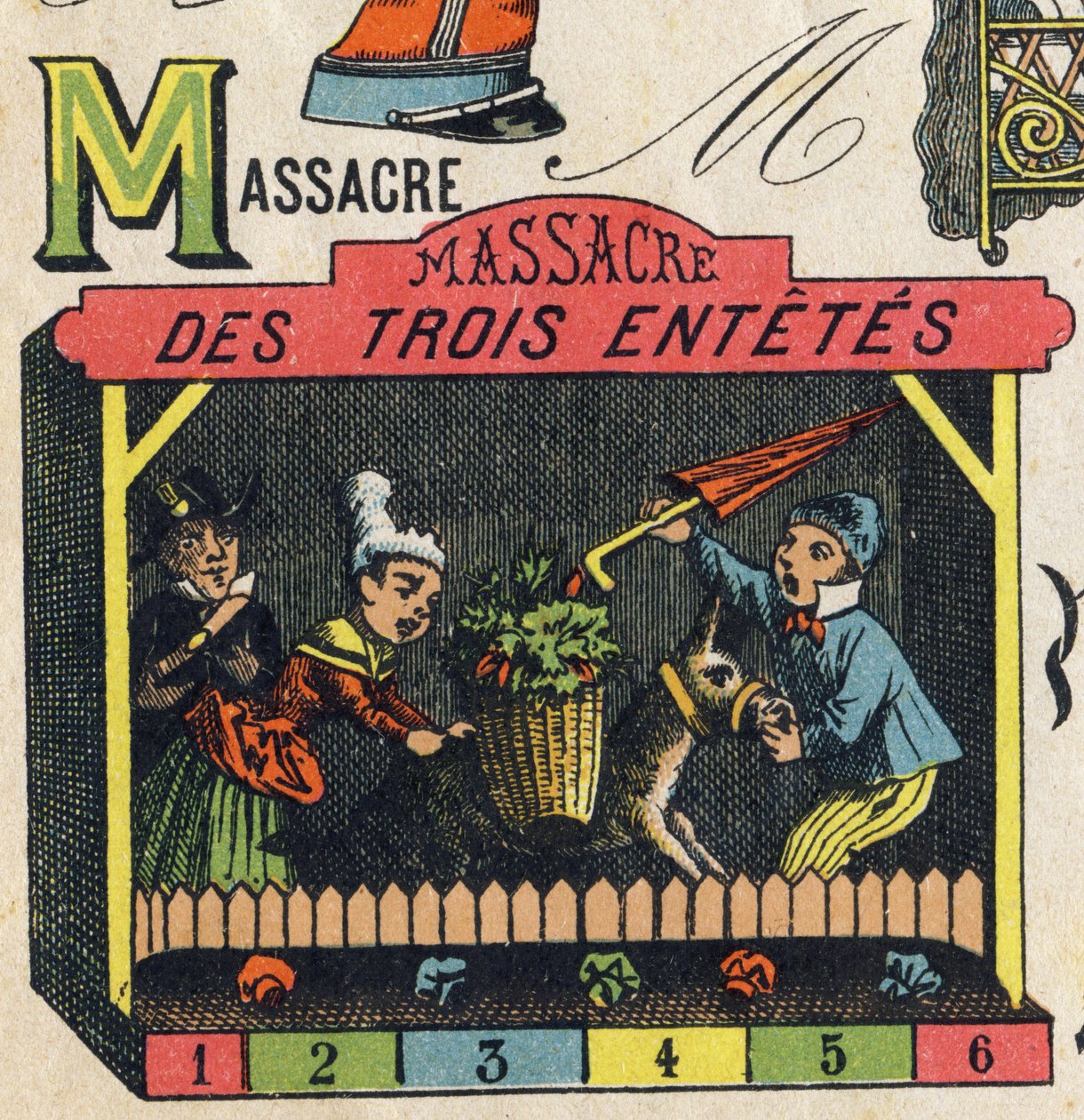 Kirjain M. Kaiverrus "ABC Toys". Epinaalinen kuvantaminen kromolitografiassa, noin 1890. Pieni 8-sivuinen vihko. Mitat: 195x135mm, tarkoitettu mainoksen vastaanottamiseen 4. kannessa. Kotikäyttöön, se tarjoaa maineikkaan abeceedaryn ja pienen lukutavan. tekijältä Unbekannt