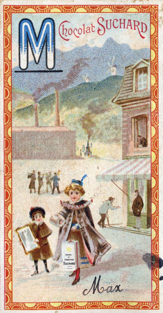 Kirjain M: vuori, peili, kone, valmistus, takki, kerjäläinen, mylly. Chocolat Suchardin toimittama aakkosten kaiverrus, 1900-luvun alku. 24 kromolitografiaa, jotka edustavat kuvasta löydettäviä paikkoja, hahmoja ja esineitä. Himmeä: tekijältä Unbekannt