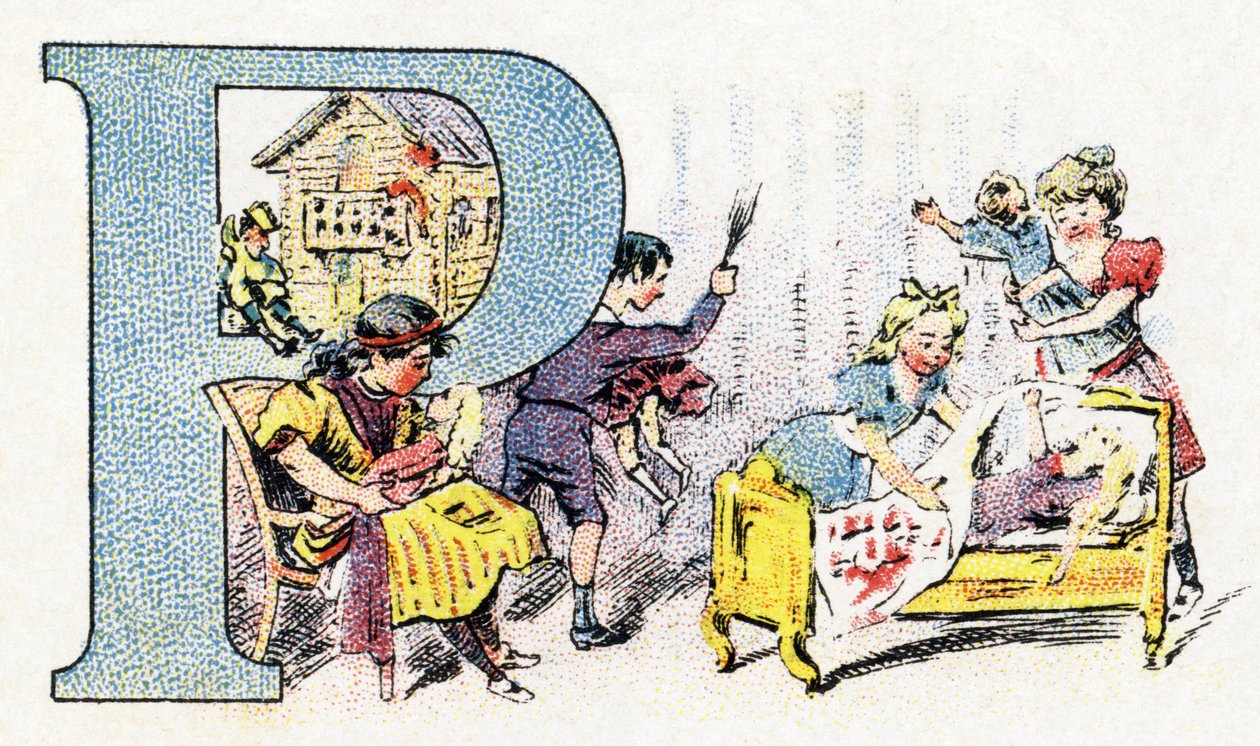P-kirjain: Nukke Polichinelle. Fosfatine Falieresin aakkoset. Kaiverrus. Brevete aakkoset S.G.D.G. apteekkari Pierre Emile Falieres. Kuvituksia kromolitografiassa, 1800-luvun loppu. 16 sivua. Mitat: 103x154mm tekijältä Unbekannt
