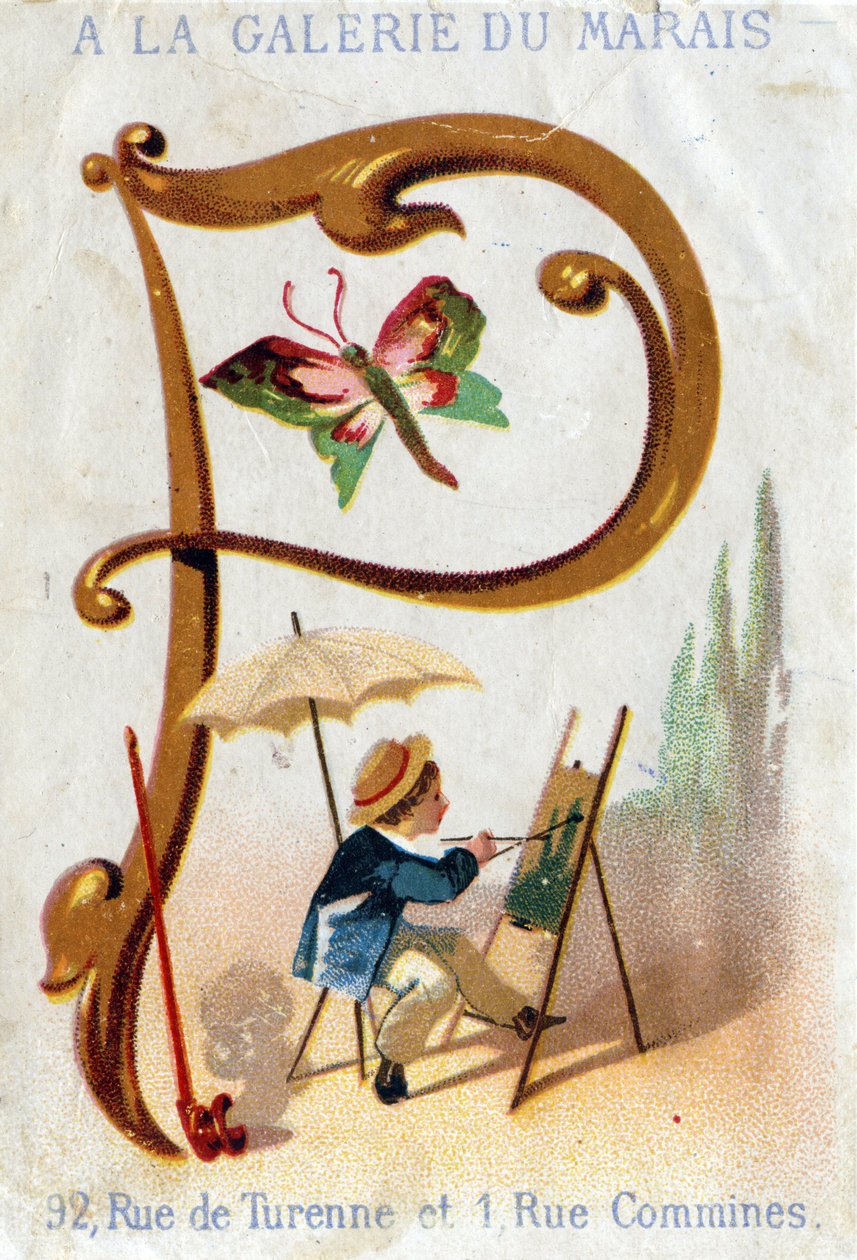 P-kirjain: maalari, perhonen, päivänvarjo, piippu. Alphabet Art Nouveau: 25 mainoskromolitografian sarja. Alfred Clareyn litografia, 1800-luvun loppu. Mitat 115x75mm tekijältä Unbekannter Künstler