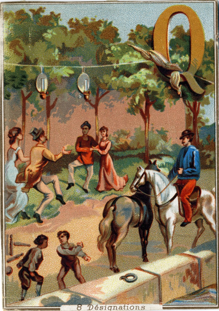 Kirjain Q: quadrille; riidellä; keilailu; cattail; quinquets; neljä; laituri. Aakkoset. Jokaisessa kuvassa on useita maineikkaita sanoja, joiden esitykset on lavastettu. Pariisin litografian kromolitografiat, noin 1890. Mitat: 10,7x7,5 cm. tekijältä Unbekannt