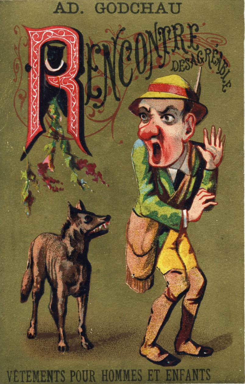 R-kirjain: Epämiellyttävä tapaaminen. Kaiverrus kirjaimella "Alphabet des grotesques". Sarja 25 mainoskromolitografiaa dore-taustalla, 1800-luvun loppu. Mitat: 11 x 7 cm tekijältä Unbekannt