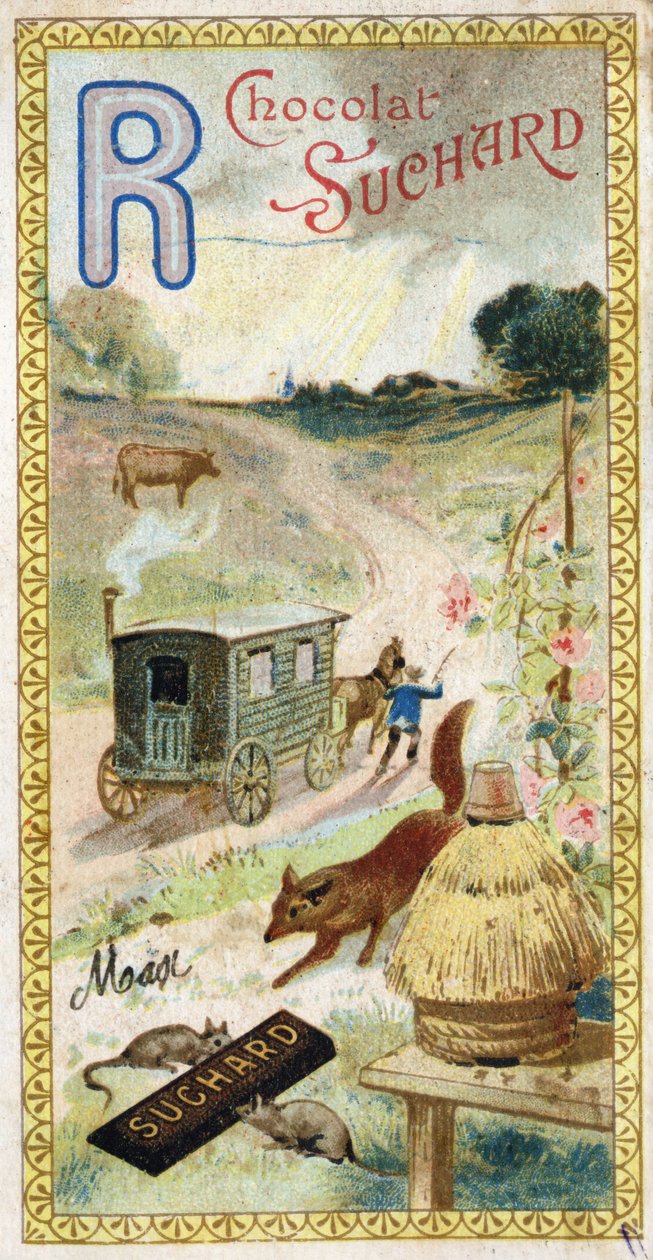 R-kirjain: rauskut, märehtijät, perävaunu, pesä, kettu, rotat, ruusu. Chocolat Suchardin toimittama aakkosten kaiverrus, 1900-luvun alku. 24 kromolitografiaa, jotka edustavat kuvasta löydettäviä paikkoja, hahmoja ja esineitä. Mitat: 105x55mm tekijältä Unbekannt