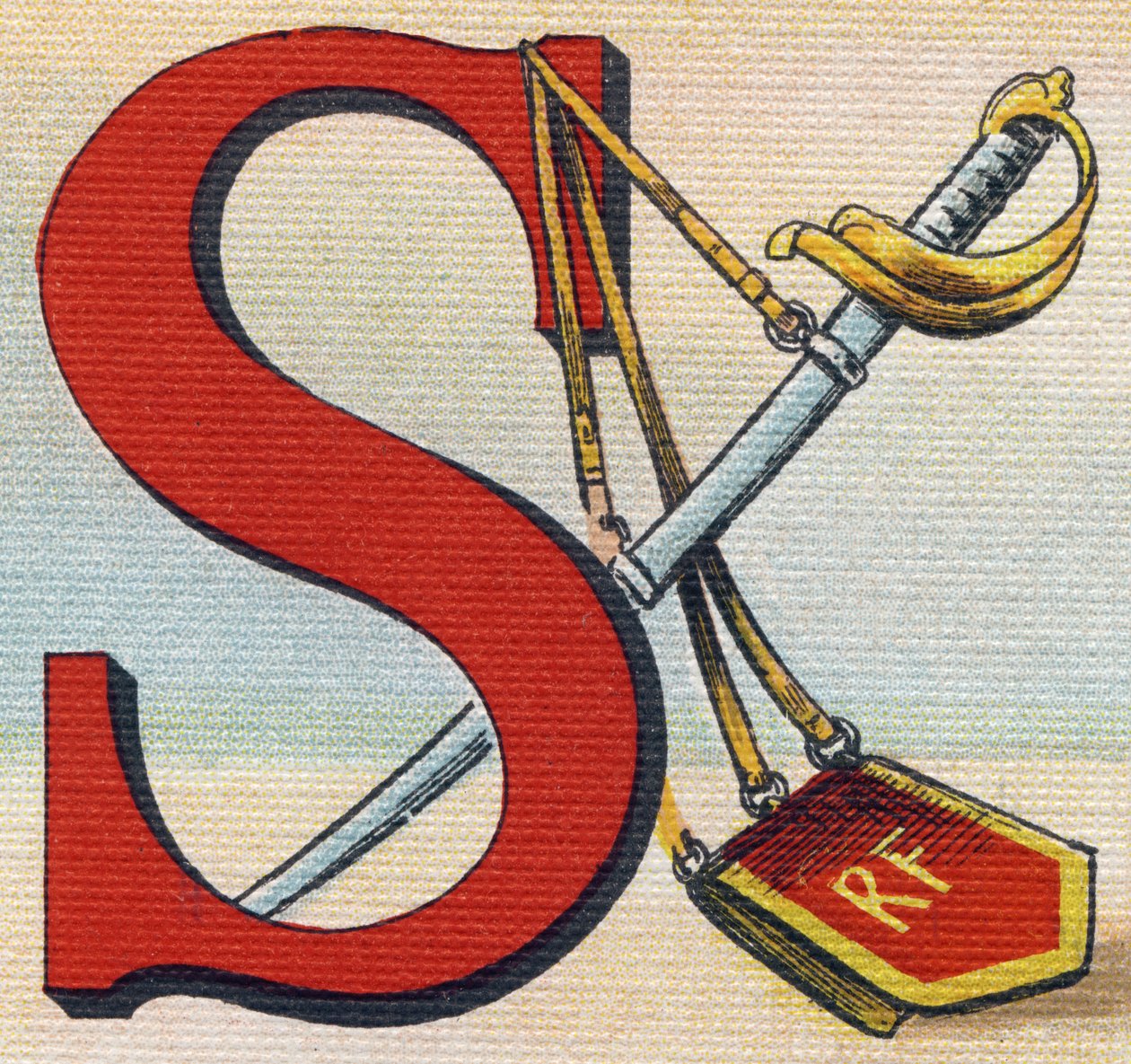 S-kirjain: Sapeli. Kaiverrus "Alphabet de ma petite fille". Bernardin-Bechet ja Fils, kirjakauppias-kustantajat, Pariisi, noin 1895. Rikkoutumaton albumi kankaalle. Bibliotheque des Bebes. 12 sivua. Albumi, joka sisältää lukumenetelmän ja havainnollisen ab tekijältä Unbekannt