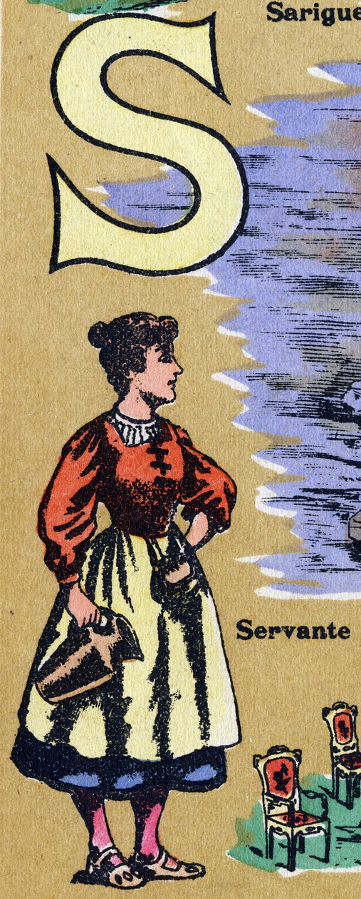 S-kirjain piikaksi. Kuvitettu aakkoset. Kuvat yhdistyivät Jarville-Nancyssa 1900-luvun alussa. Mitat: 40 x 29 cm. Litografia bistre-taustalla tekijältä Unbekannt