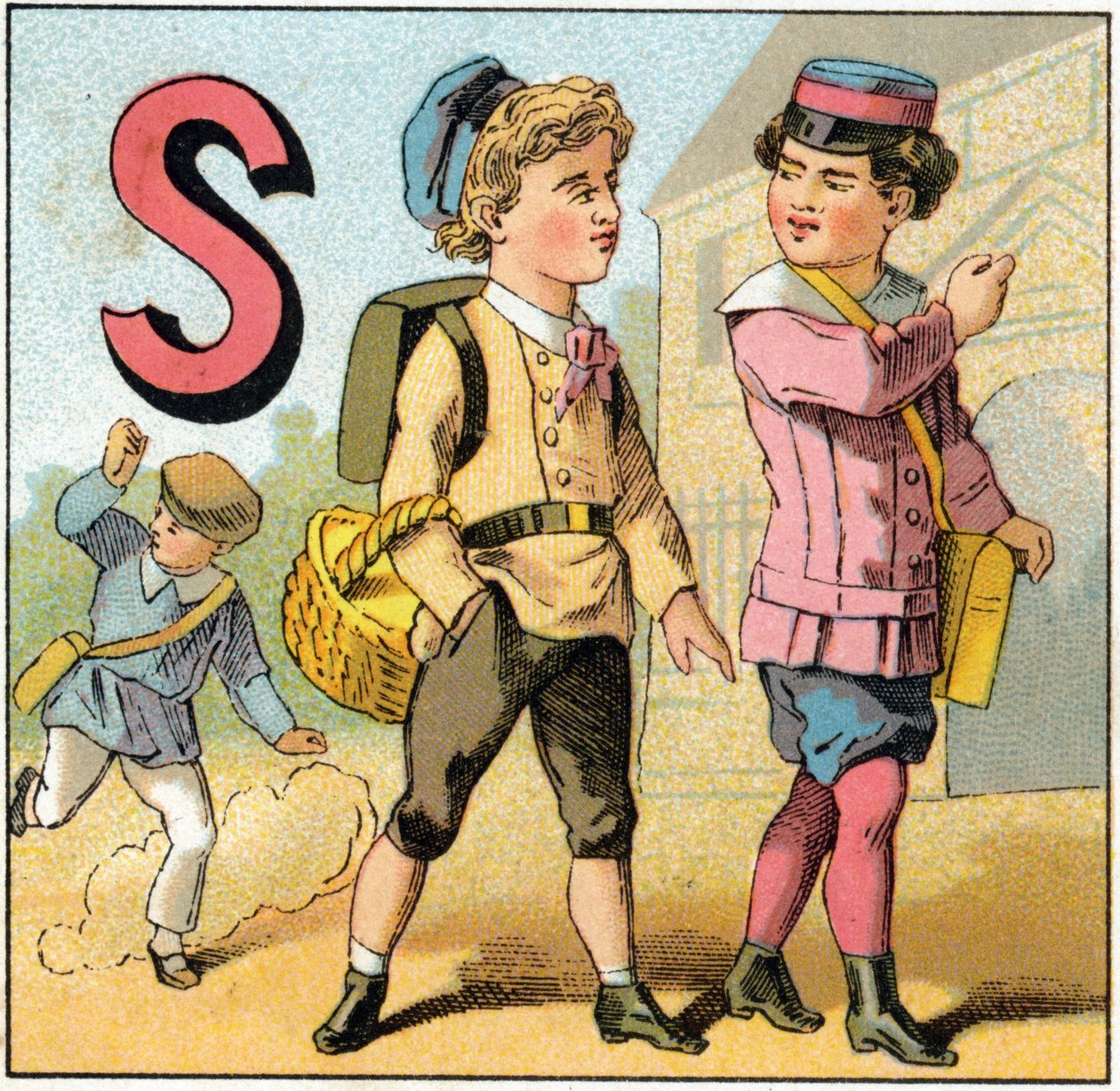 S-kirjain koulun lähdönä. Kaiverrus "Alphabet des petits ecoliers". Epinalin kuva, noin 1885. Privee Collection tekijältä Unbekannt