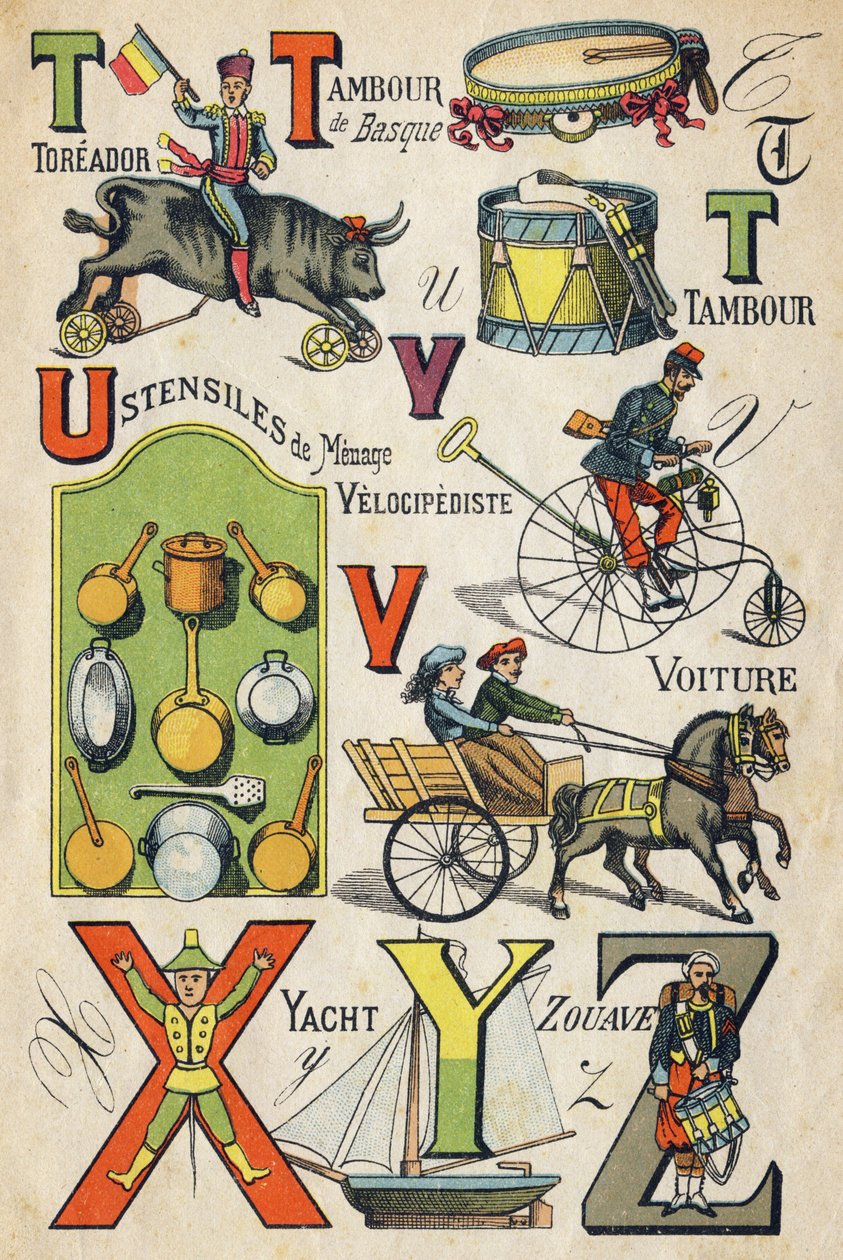 Kirjain T, U, V, X, Y ja Z. Kaiverrus "ABC Toys". Epinaalinen kuvantaminen kromolitografiassa, noin 1890. Pieni 8-sivuinen vihko. Mitat: 195x135mm, tarkoitettu mainoksen vastaanottamiseen 4. kannessa. Kotikäyttöön, se tarjoaa maineikkaan abeceedaryn ja sm tekijältä Unbekannt