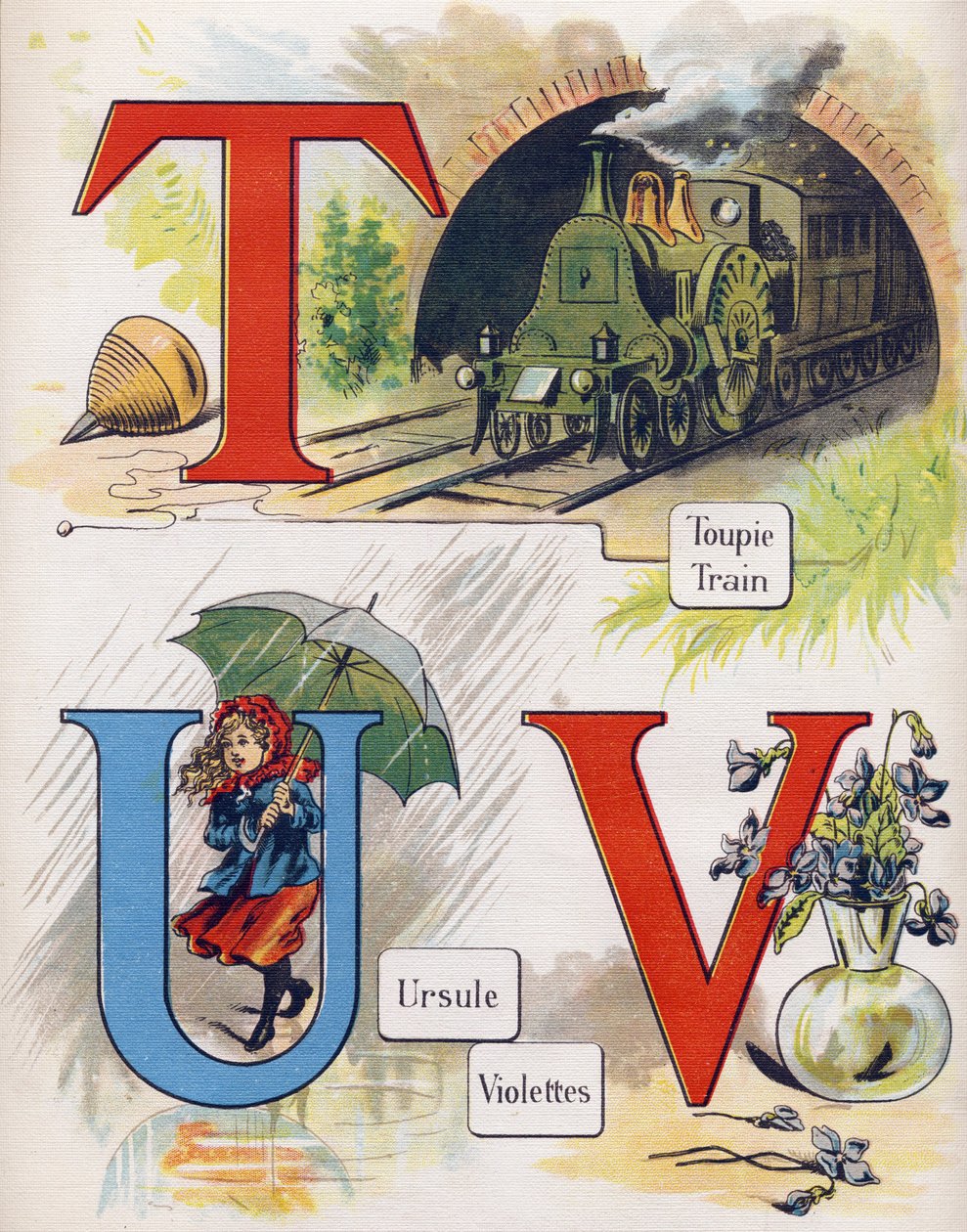 Kirjain T, U ja V: toppi, juna, ursula ja violetti. Kaiverrus "ABC L